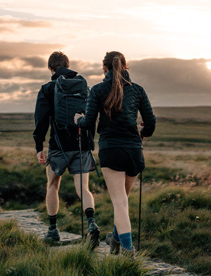 Hikers wearing Bridgedale walking socks using  Fit and Fusion Technology.